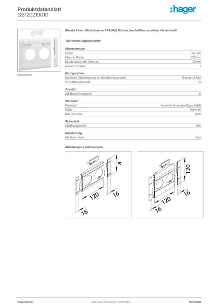 Bild Hager Produktdatenblatt GB120219010 | Hager Deutschland