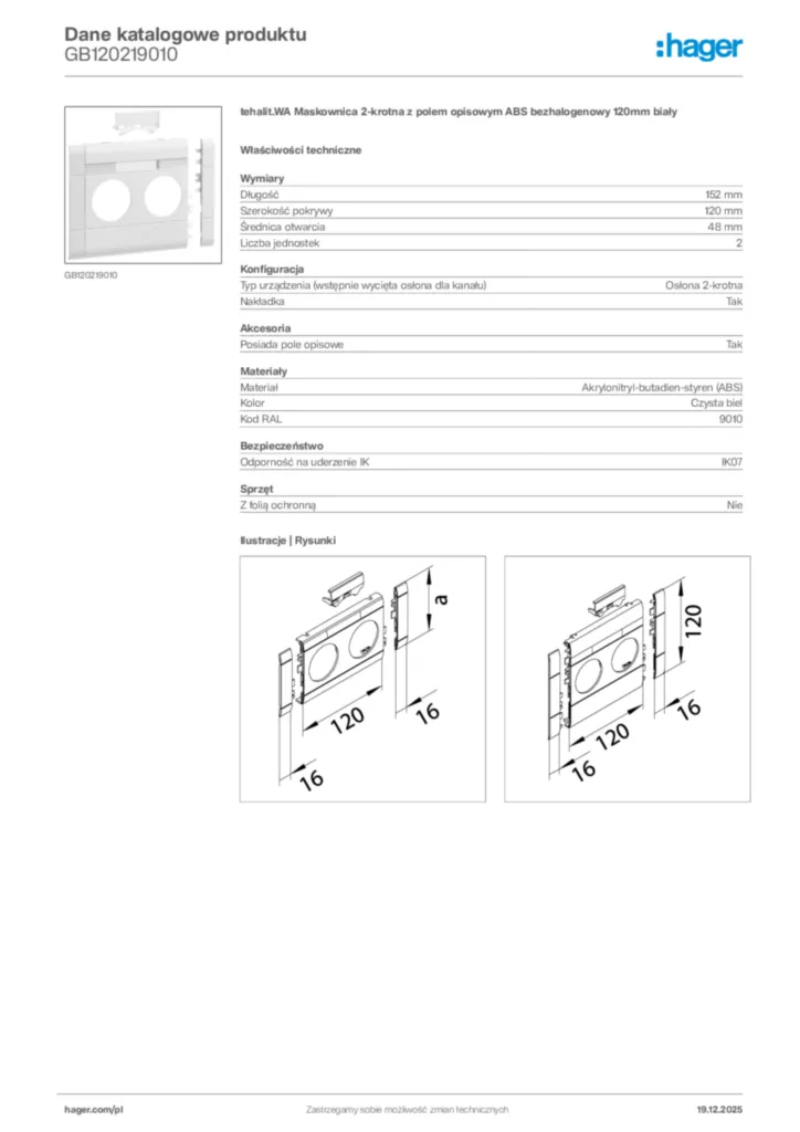 Zdjęcie Hager Karta katalogowa GB120219010 | Hager Polska
