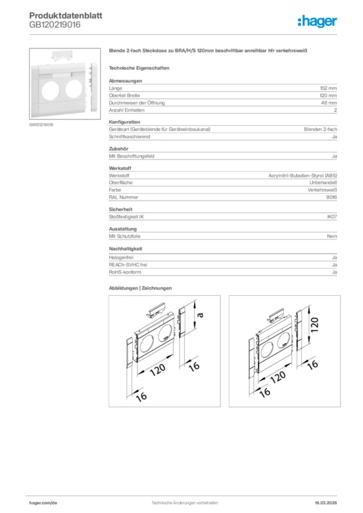 Bild Hager Produktdatenblatt GB120219016 | Hager Deutschland