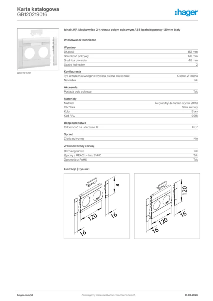 Zdjęcie Hager Karta katalogowa GB120219016 | Hager Polska