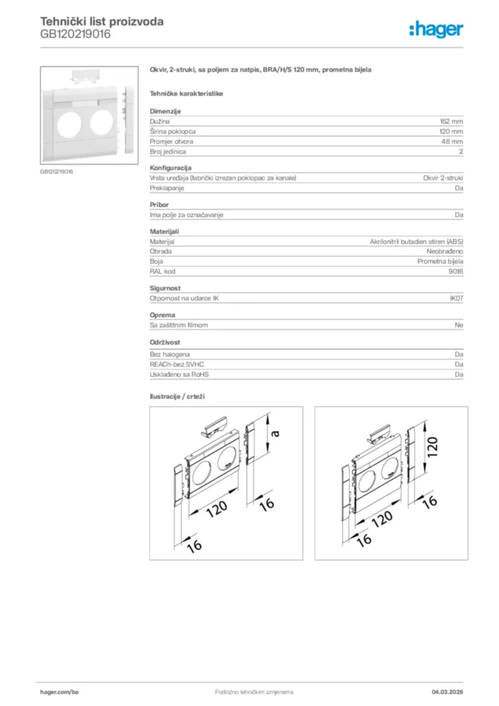 Slika Hager Tehnički list proizvoda GB120219016  | Hager