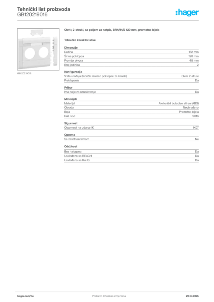 Slika Hager Product data sheet GB120219016  | Hager