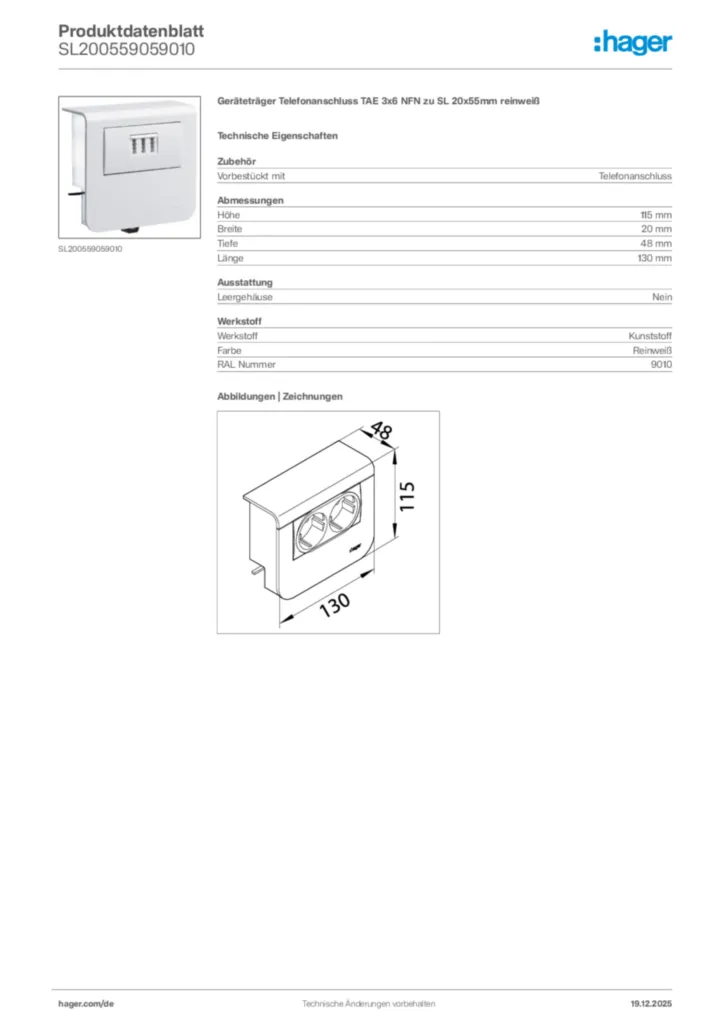 Bild Hager Produktdatenblatt SL200559059010 | Hager Deutschland