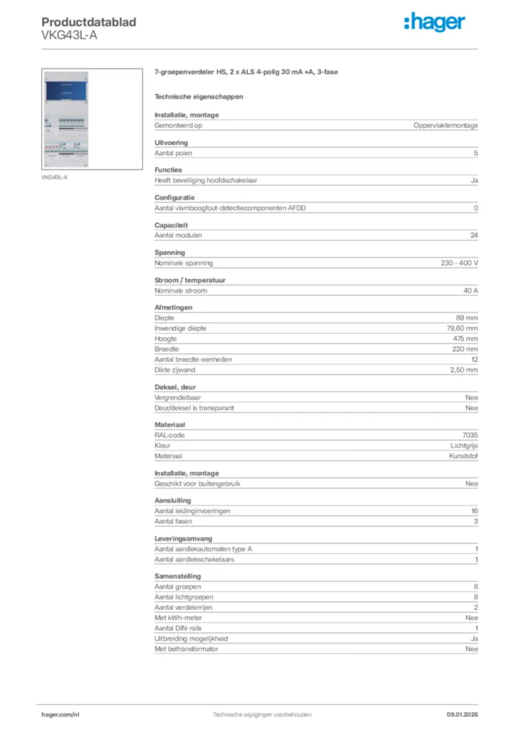 Afbeelding Hager Productdatablad VKG43L-A | Hager Nederland