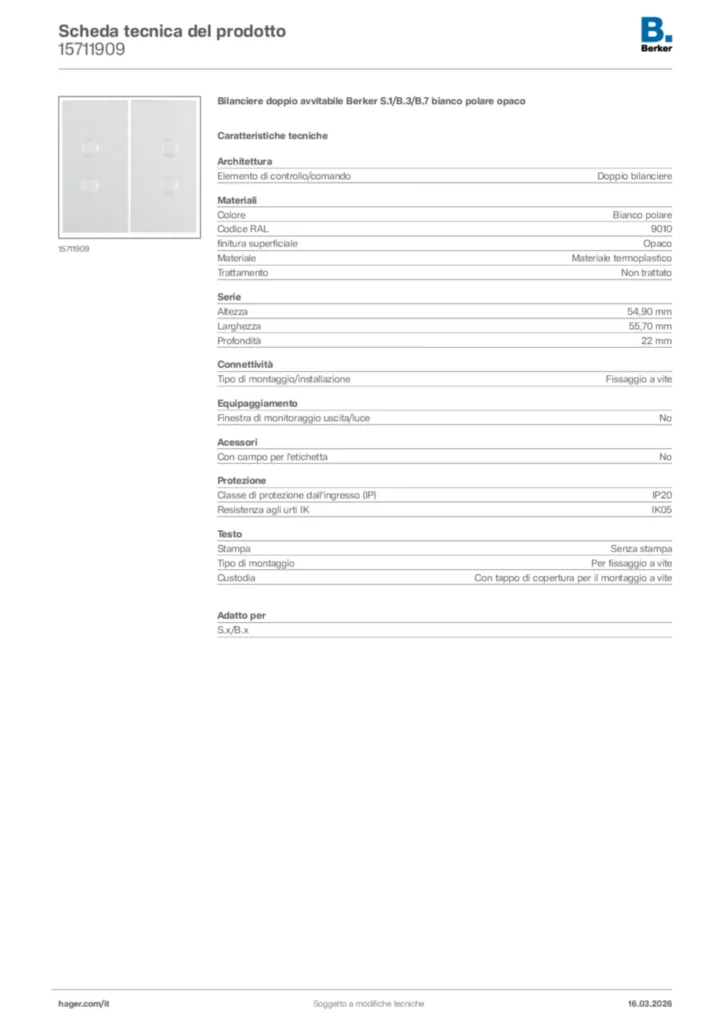 Immagine Berker Scheda tecnica del prodotto 15711909 | Hager Italia