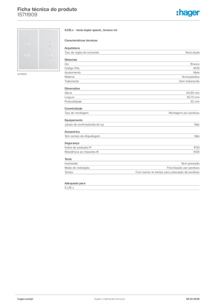 Imagem Hager Ficha técnica do produto 15711909 | Hager Portugal