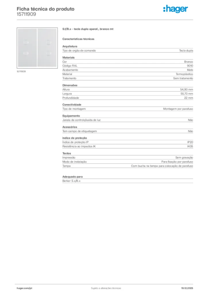 Imagem Hager Ficha técnica do produto 15711909 | Hager Portugal