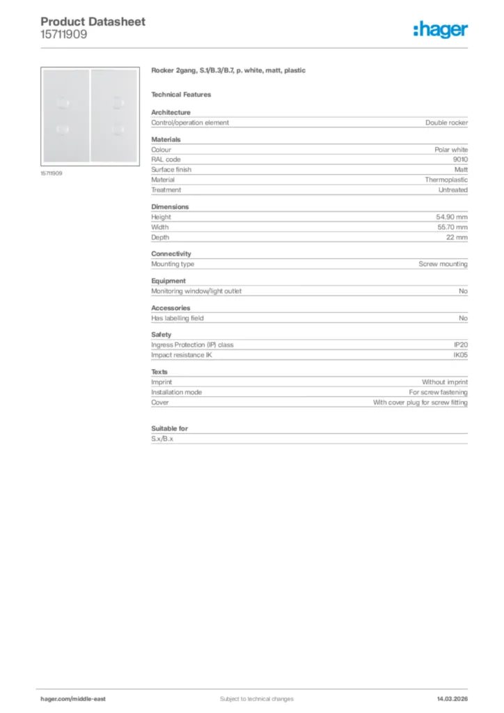 Image Hager Product data sheet 15711909  | Hager