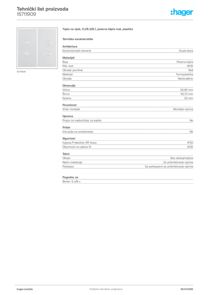 Slika Hager Product data sheet 15711909  | Hager
