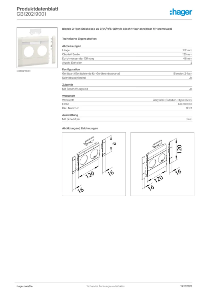Bild Hager Produktdatenblatt GB120219001 | Hager Deutschland
