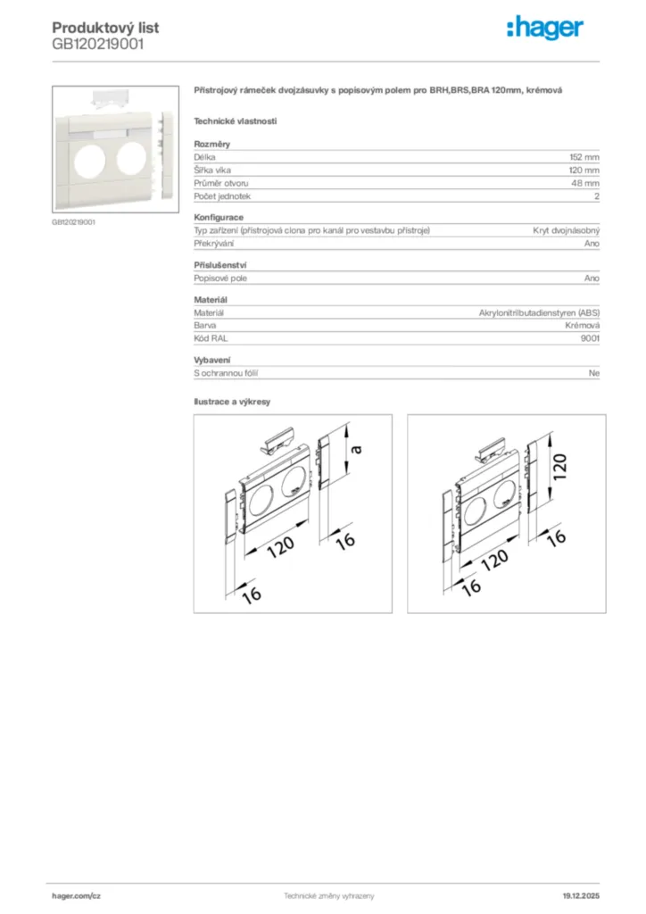 Obrázek Hager Produktový list GB120219001 | Hager