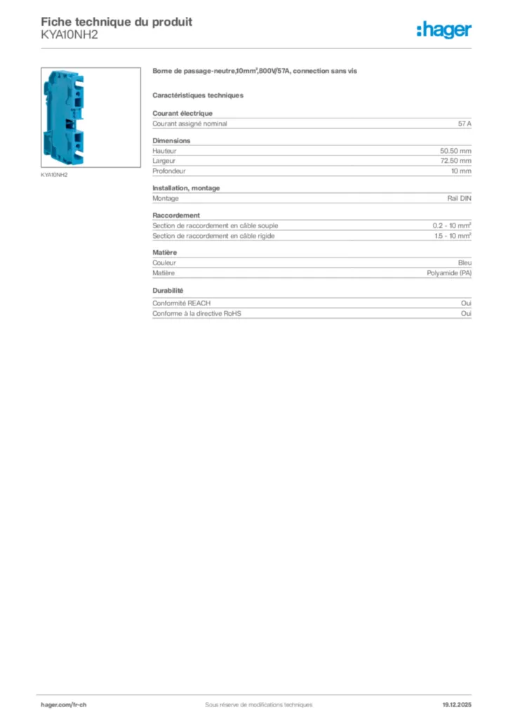 Image Hager Fiche technique du produit KYA10NH2 | Hager Suisse