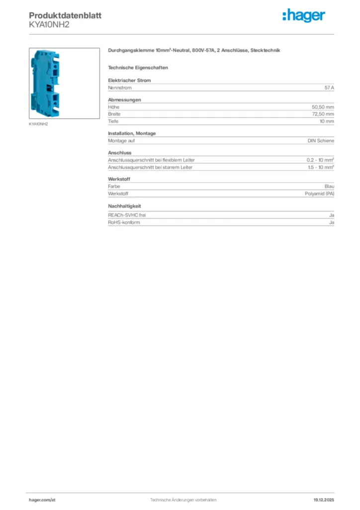 Bild Hager Produktdatenblatt KYA10NH2 | Hager Deutschland