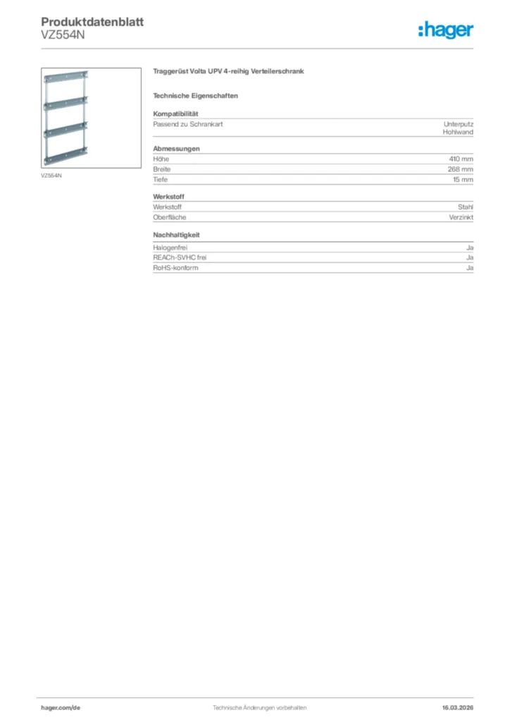 Bild Hager Produktdatenblatt VZ554N | Hager Deutschland