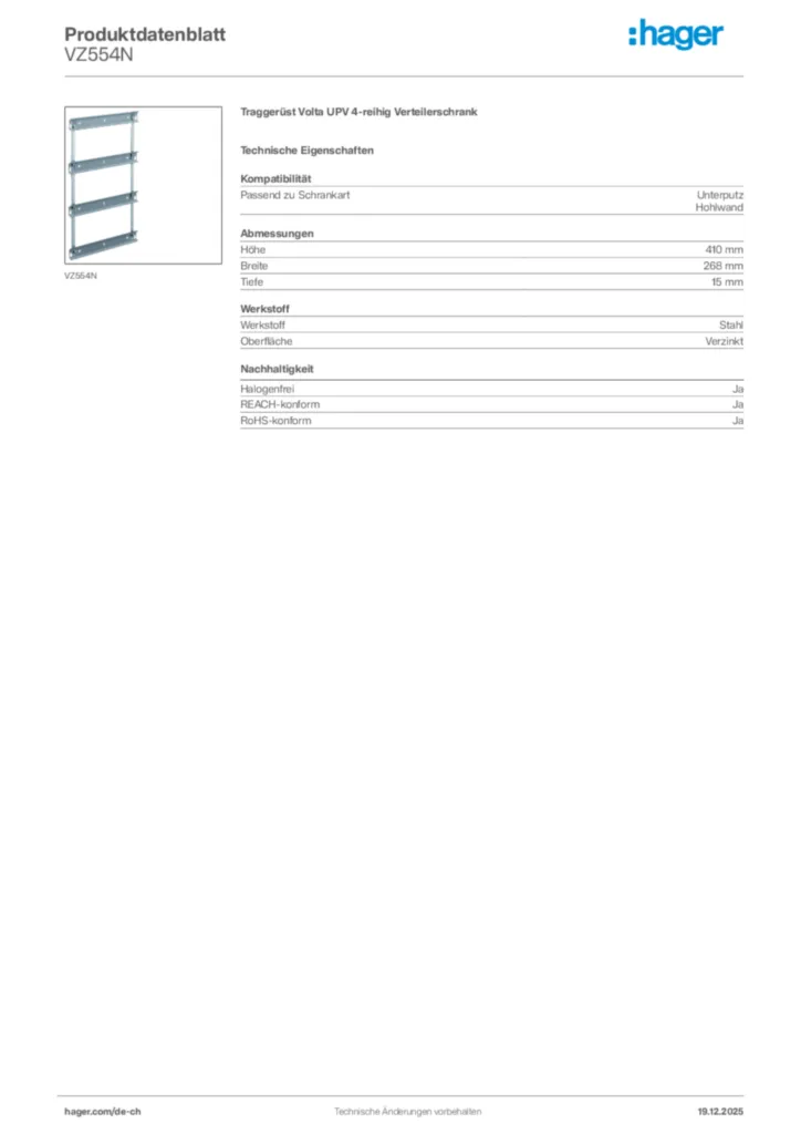 Bild Hager Produktdatenblatt VZ554N | Hager Schweiz