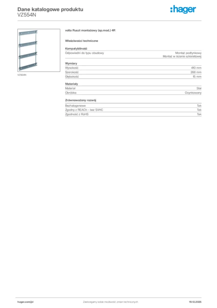 Zdjęcie Hager Karta katalogowa VZ554N | Hager Polska