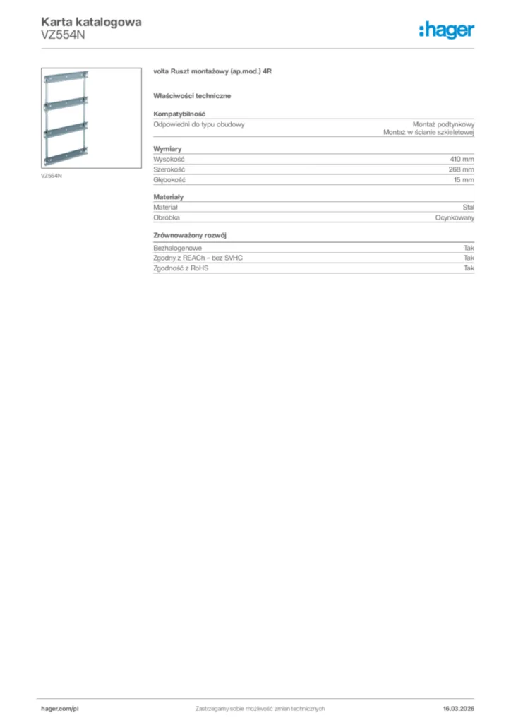 Zdjęcie Hager Karta katalogowa VZ554N | Hager Polska