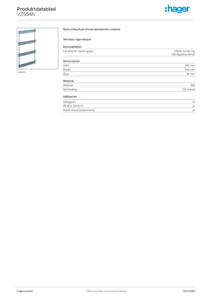 Bild Hager Produktdatablad VZ554N | Hager Sverige