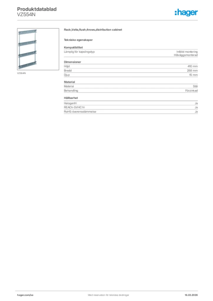 Bild Hager Produktdatablad VZ554N | Hager Sverige