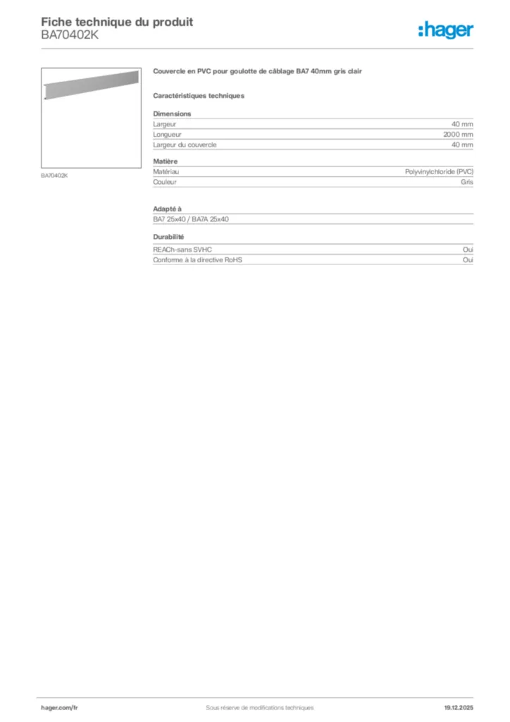 Image Hager Fiche technique du produit BA70402K | Hager France