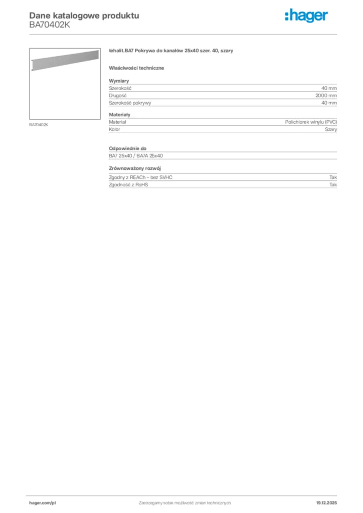 Zdjęcie Hager Karta katalogowa BA70402K | Hager Polska