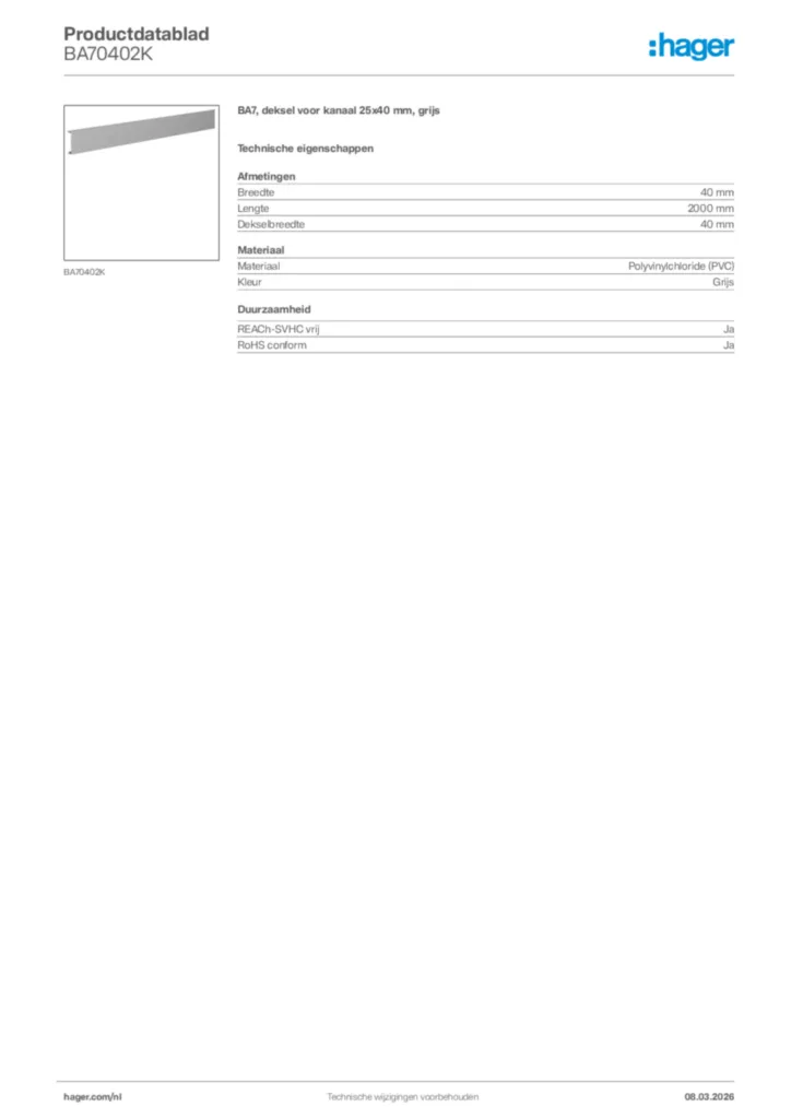 Afbeelding Hager Productdatablad BA70402K | Hager Nederland
