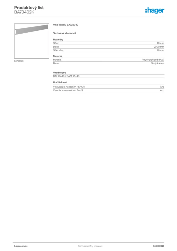 Obrázek Hager Product data sheet BA70402K | Hager