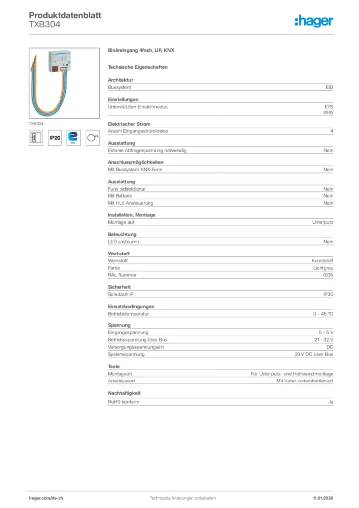 Bild Hager Produktdatenblatt TXB304 | Hager Schweiz