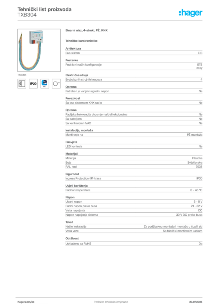 Slika Hager Product data sheet TXB304  | Hager