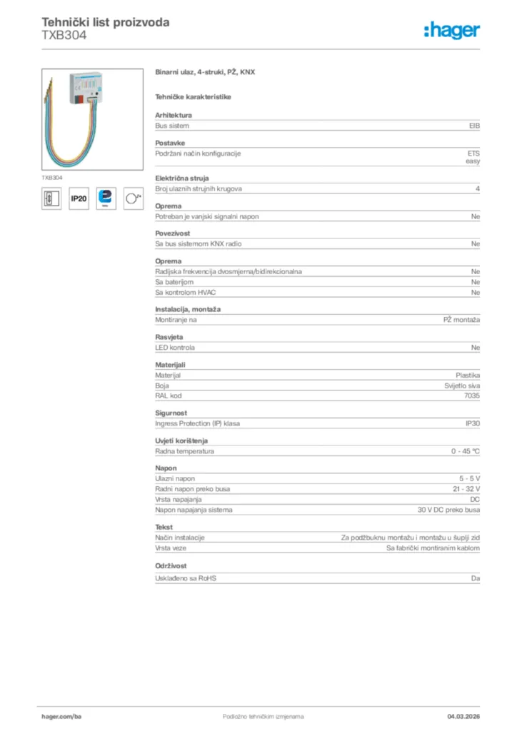 Slika Hager Tehnički list proizvoda TXB304  | Hager