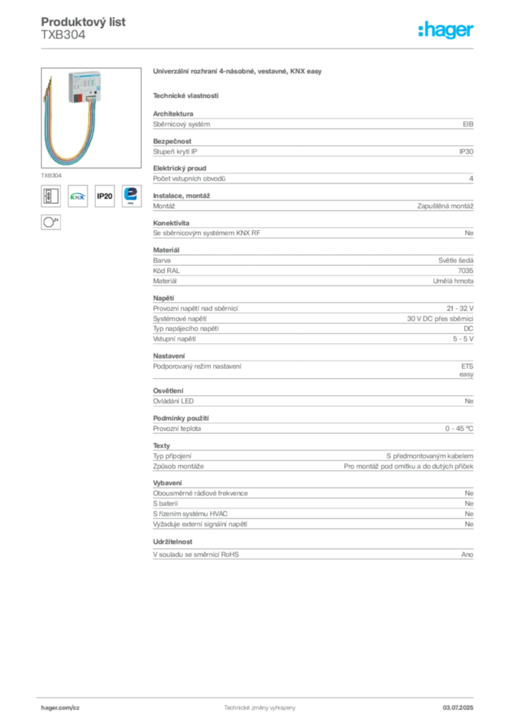 Obrázek Hager Produktový list TXB304 | Hager
