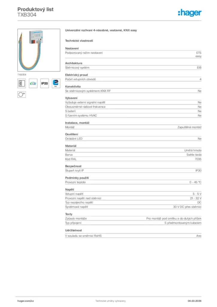 Obrázek Hager Product data sheet TXB304 | Hager