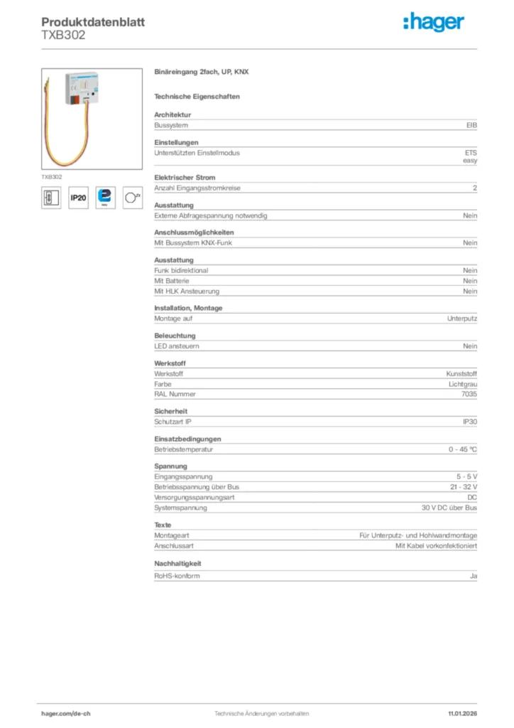 Bild Hager Produktdatenblatt TXB302 | Hager Schweiz