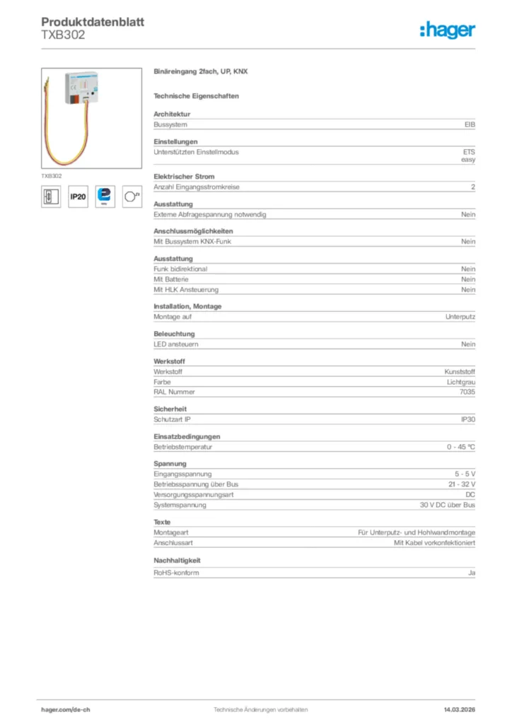 Bild Hager Produktdatenblatt TXB302 | Hager Schweiz