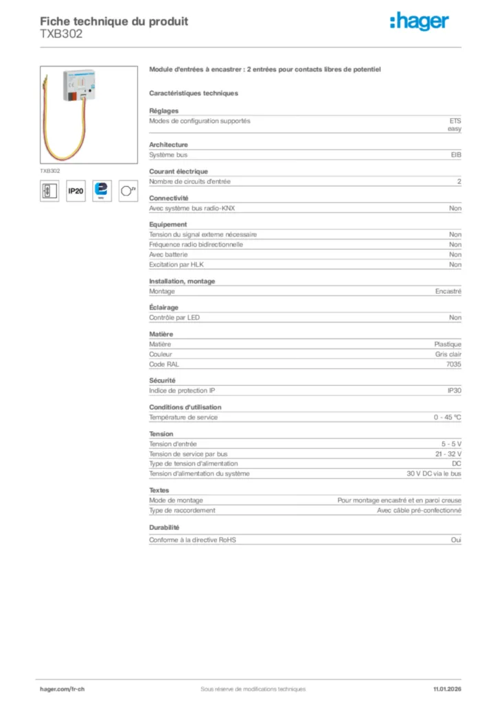 Image Hager Fiche technique du produit TXB302 | Hager Suisse