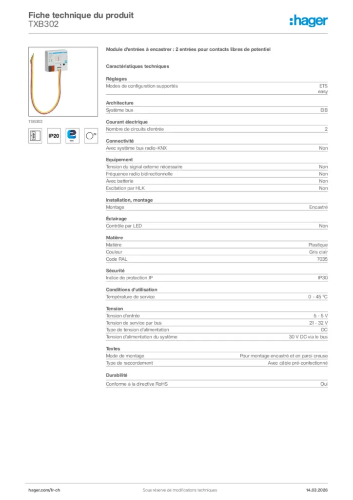 Image Hager Fiche technique du produit TXB302 | Hager Suisse