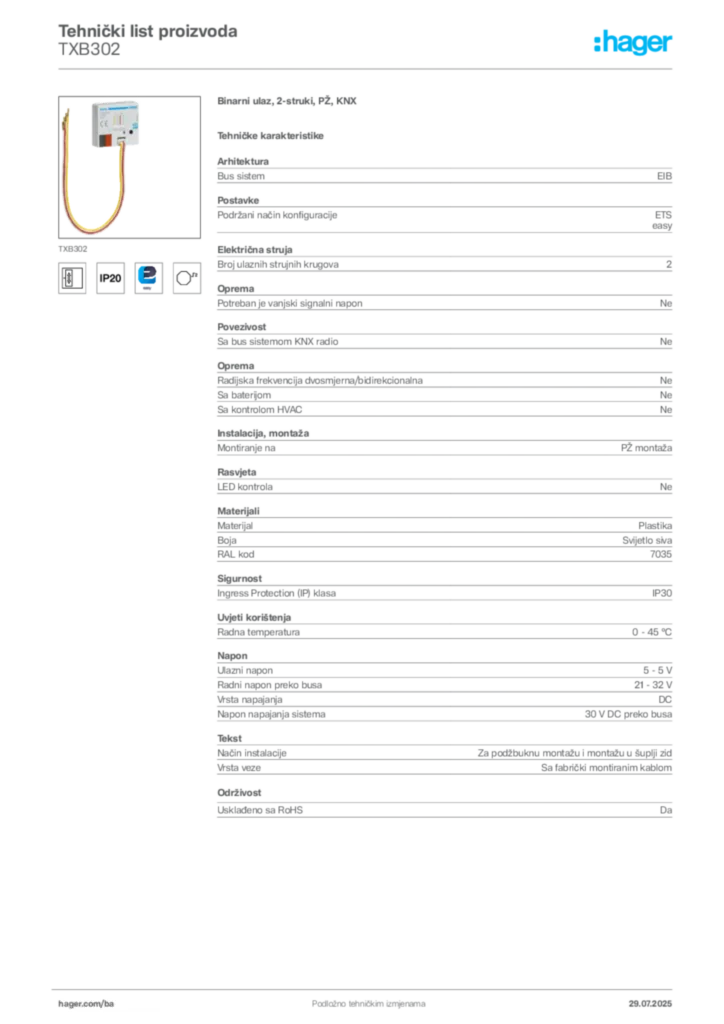 Slika Hager Product data sheet TXB302  | Hager