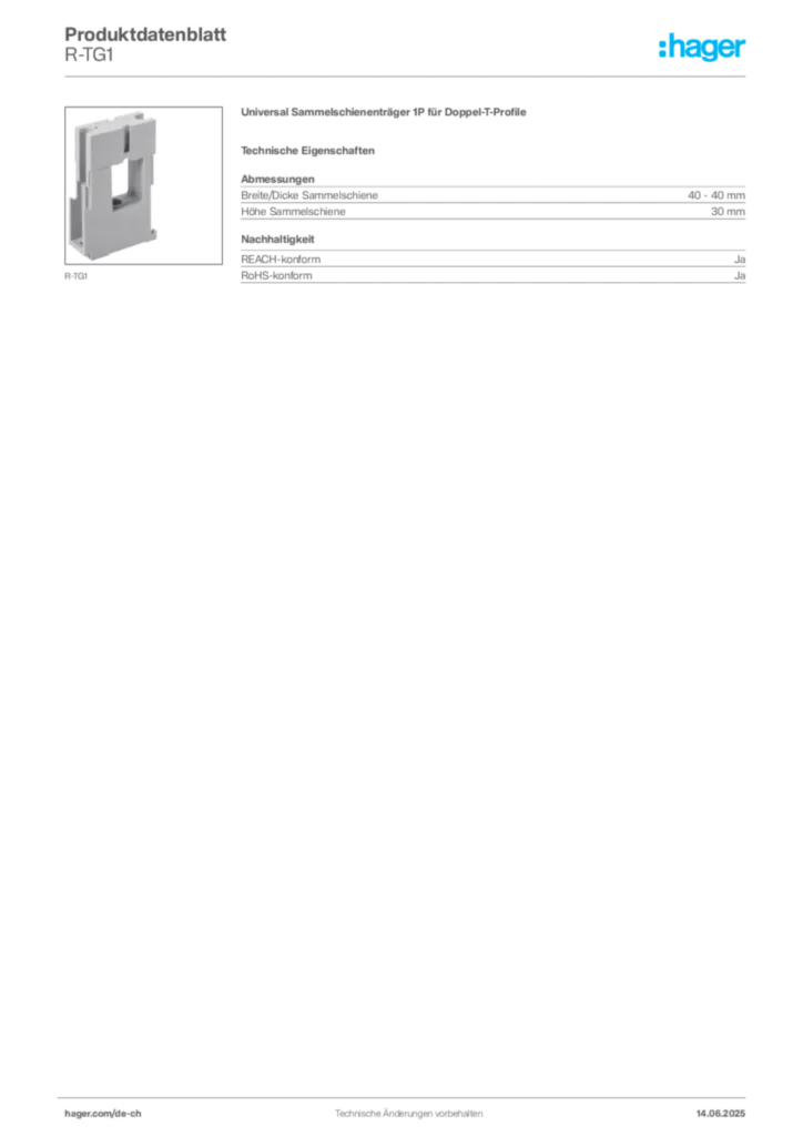 Bild Hager Produktdatenblatt R-TG1 | Hager Schweiz
