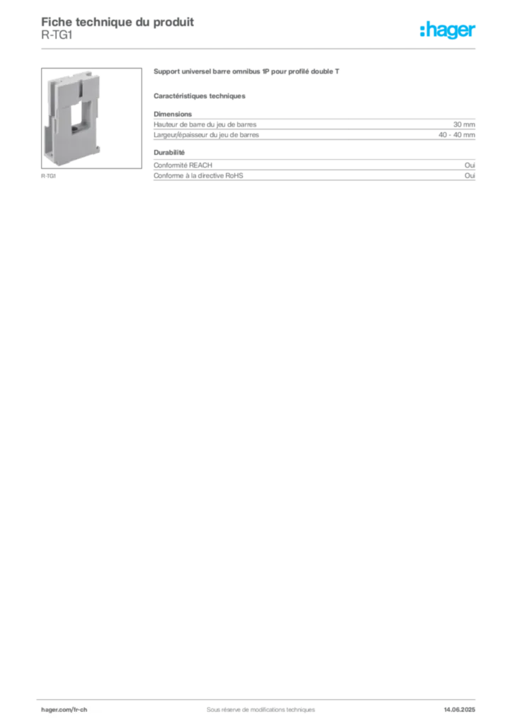 Image Hager Fiche technique du produit R-TG1 | Hager Suisse