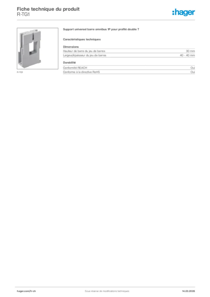 Image Hager Fiche technique du produit R-TG1 | Hager Suisse
