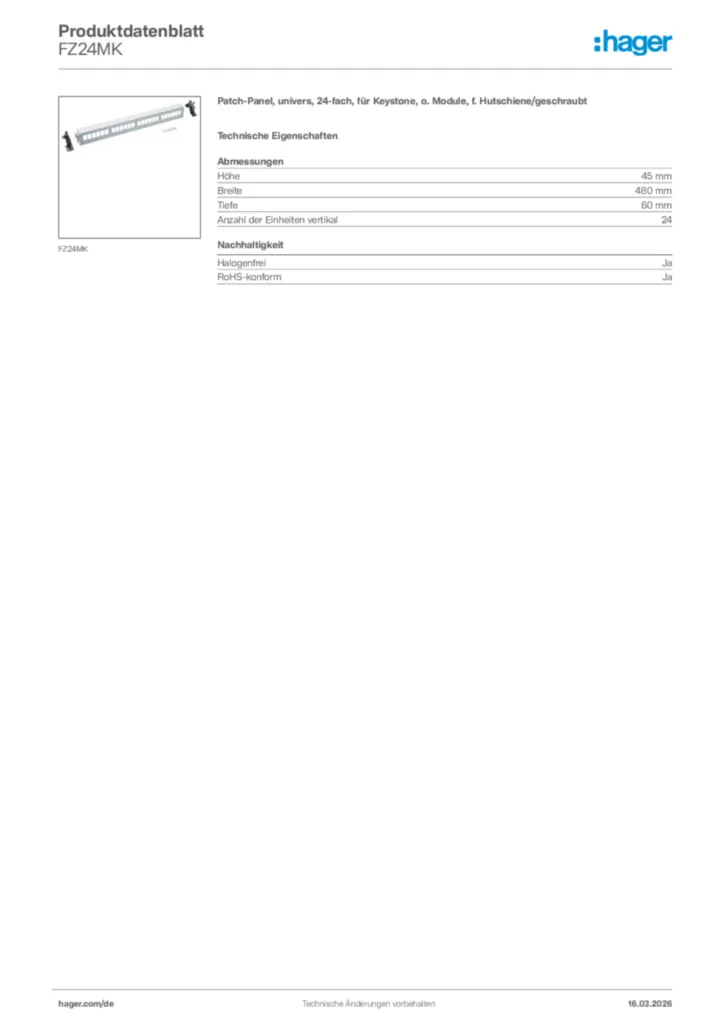 Bild Hager Produktdatenblatt FZ24MK | Hager Deutschland