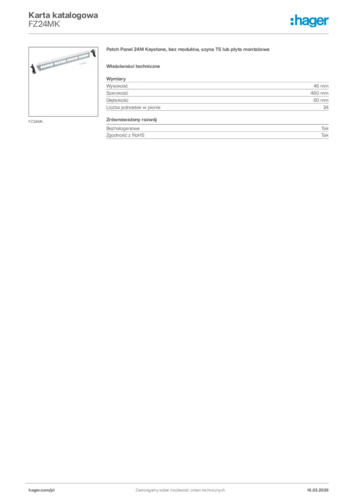 Zdjęcie Hager Karta katalogowa FZ24MK | Hager Polska