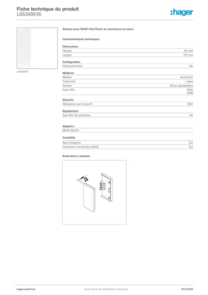 Image Hager Fiche technique du produit L65349016 | Hager Belgique