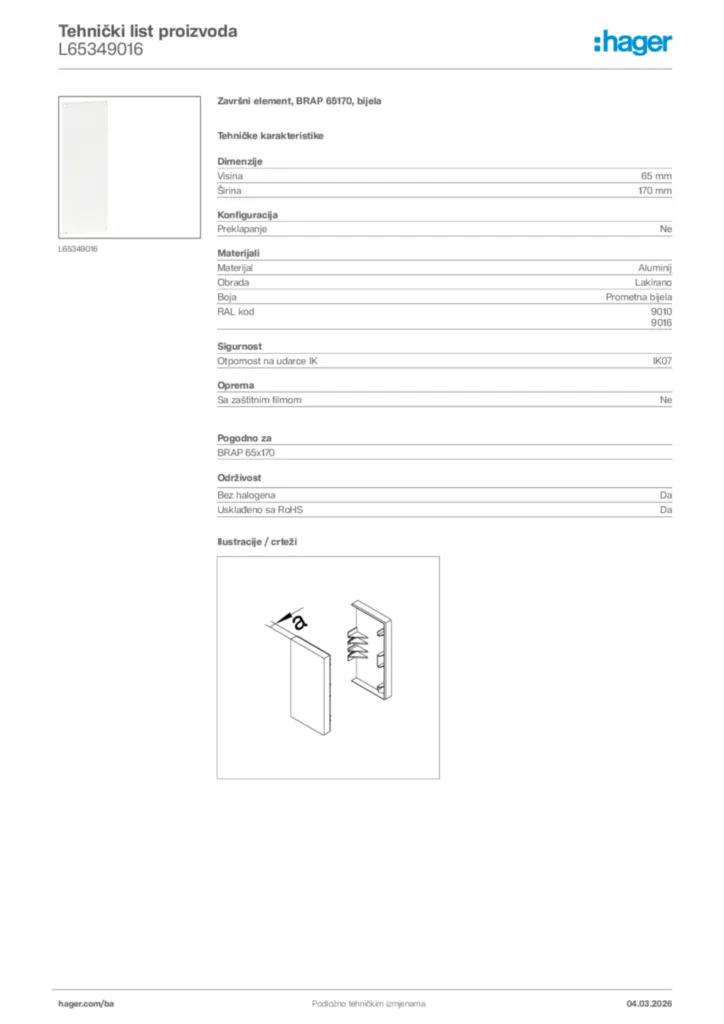 Slika Hager Tehnički list proizvoda L65349016  | Hager