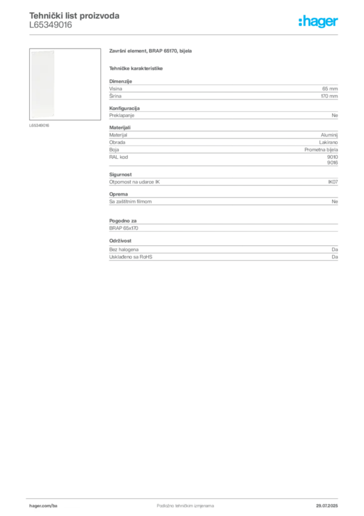 Slika Hager Product data sheet L65349016  | Hager