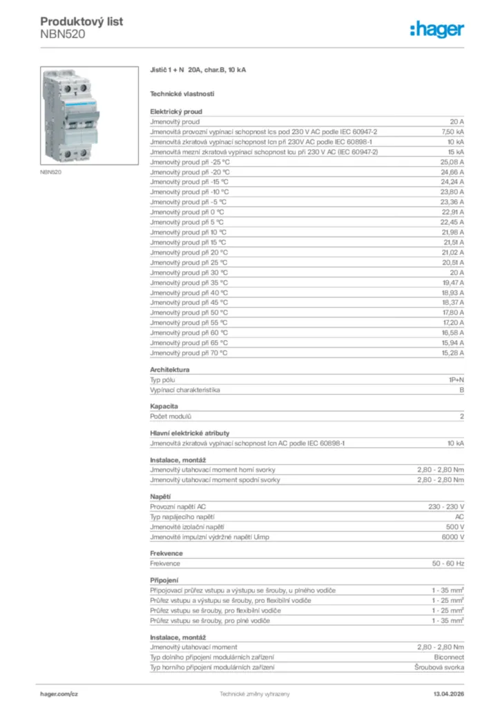 Obrázek Hager Product data sheet NBN520 | Hager