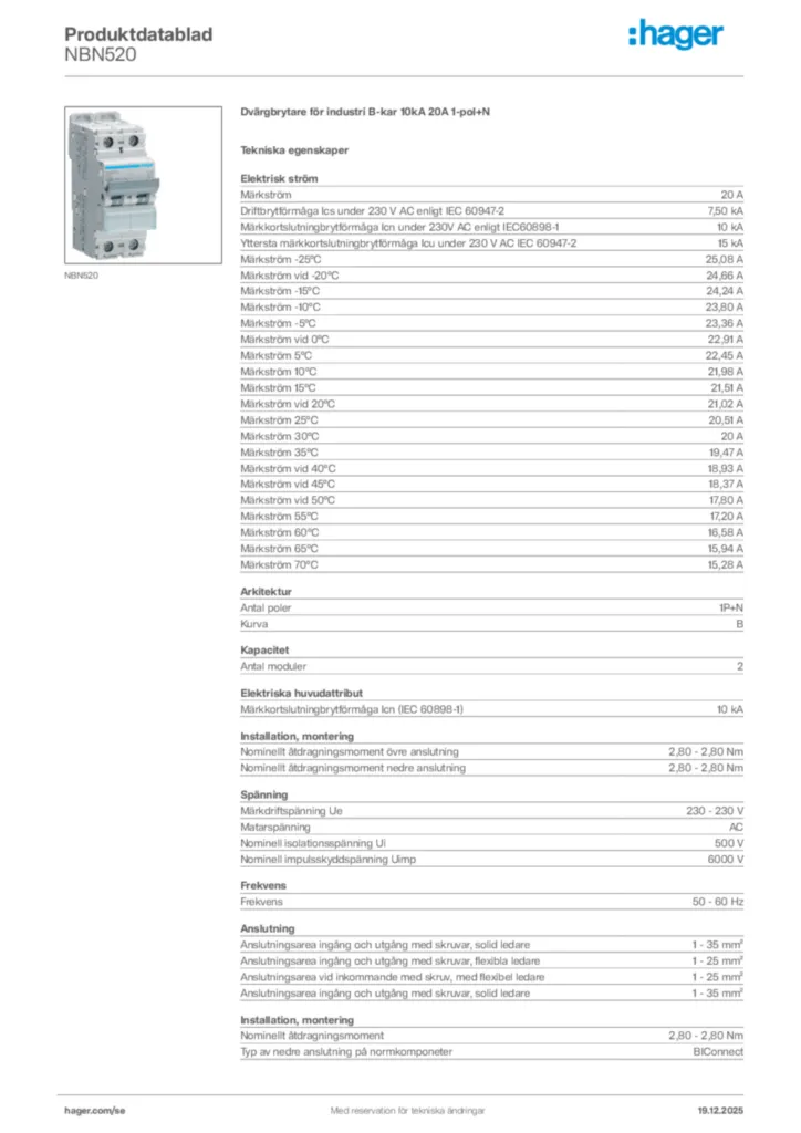 Bild Hager Produktdatablad NBN520 | Hager Sverige