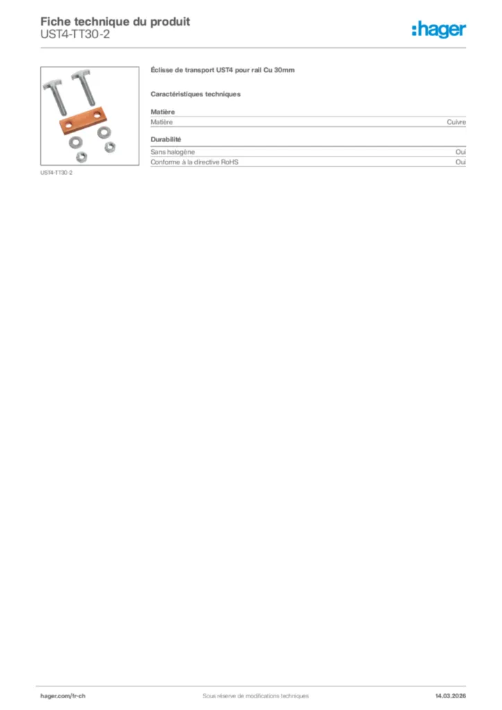 Image Hager Fiche technique du produit UST4-TT30-2 | Hager Suisse