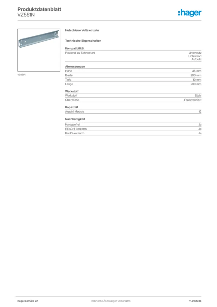 Bild Hager Produktdatenblatt VZ551N | Hager Schweiz