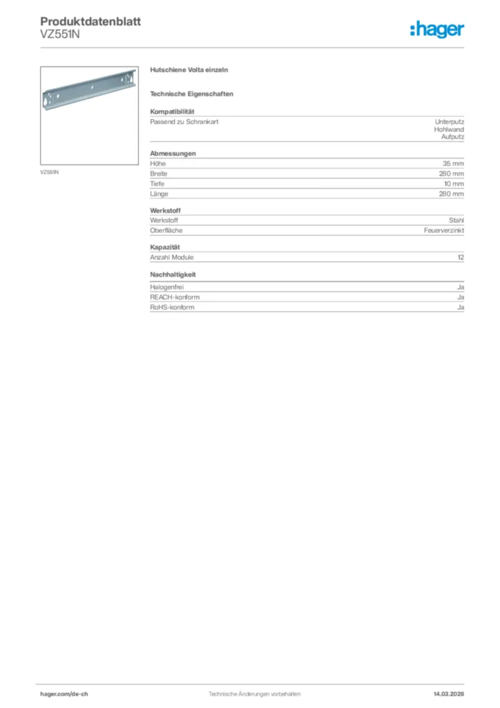 Bild Hager Produktdatenblatt VZ551N | Hager Schweiz